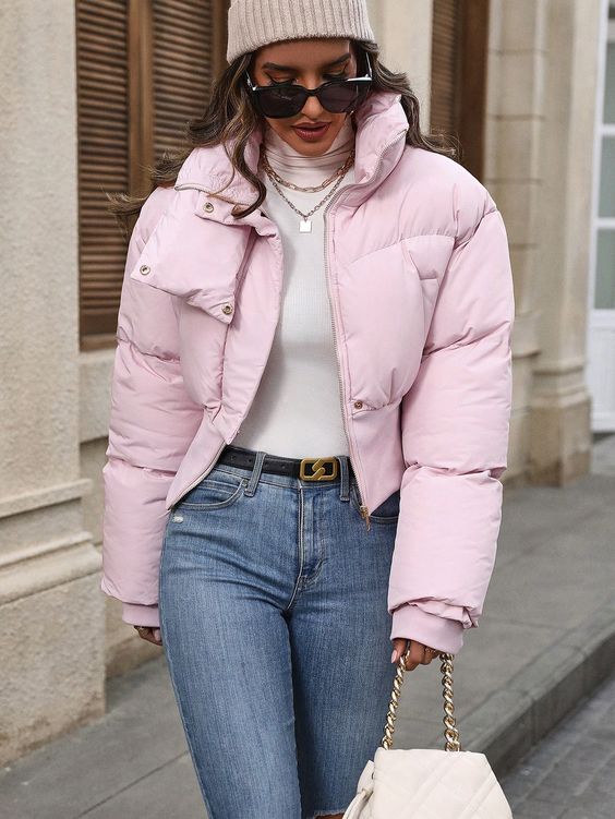 Sophisticated Pink Puffer with Blue Jeans